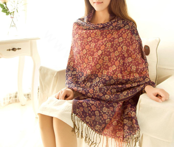 Classic Autumn and Winter Cape Tassels Floral Print Shawl National Style Warm Long Scarf - Blue