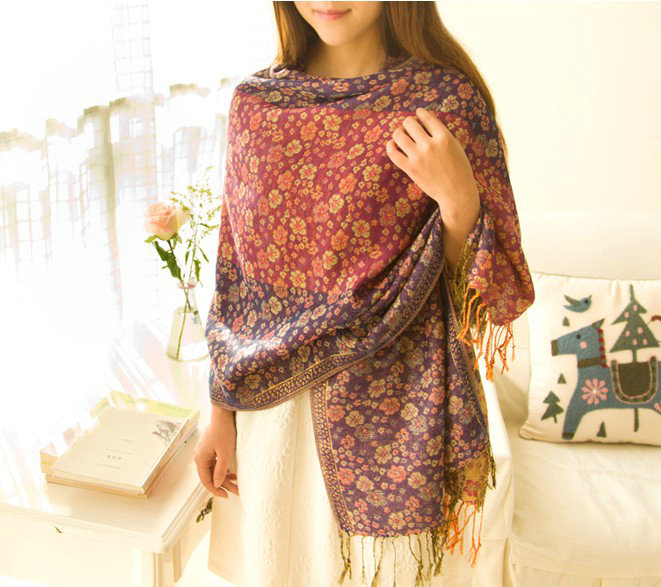 Classic Autumn and Winter Cape Tassels Floral Print Shawl National Style Warm Long Scarf - Blue
