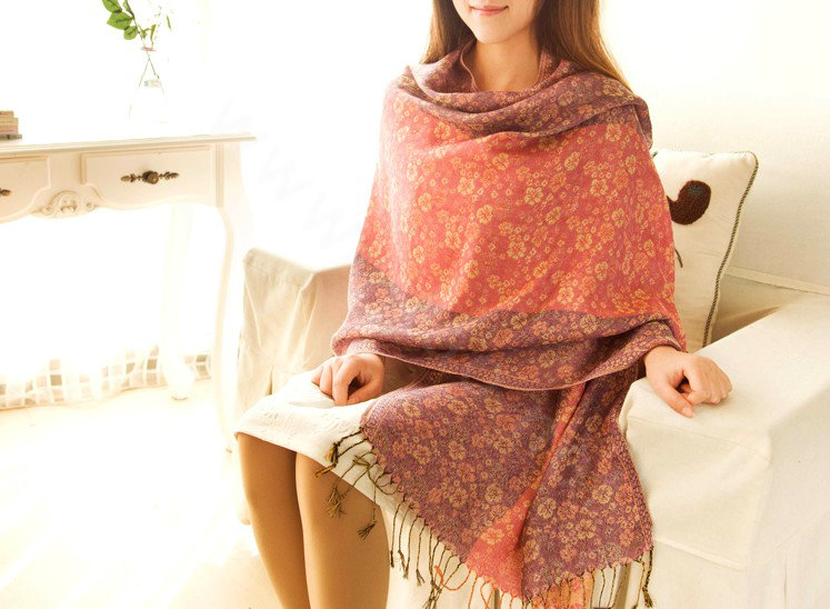 Classic Autumn and Winter Cape Tassels Floral Print Shawl National Style Warm Long Scarf - Pink
