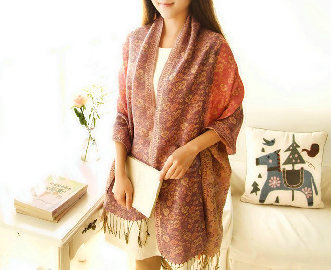 Classic Autumn and Winter Cape Tassels Floral Print Shawl National Style Warm Long Scarf - Pink