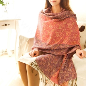Classic Autumn and Winter Cape Tassels Floral Print Shawl National Style Warm Long Scarf - Pink