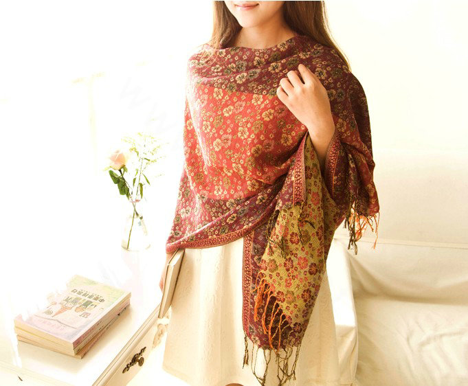 Classic Autumn and Winter Cape Tassels Floral Print Shawl National Style Warm Long Scarf - Red