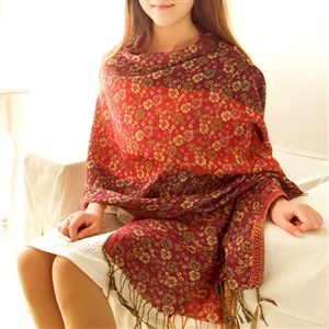 Classic Autumn and Winter Cape Tassels Floral Print Shawl National Style Warm Long Scarf - Red