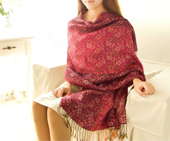 Classic Autumn and Winter Cape Tassels Floral Print Shawl National Style Warm Long Scarf - Rose
