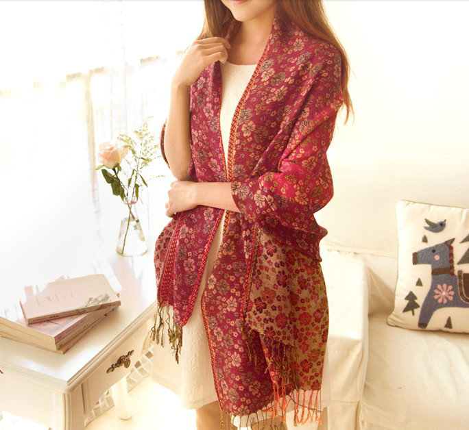 Classic Autumn and Winter Cape Tassels Floral Print Shawl National Style Warm Long Scarf - Rose