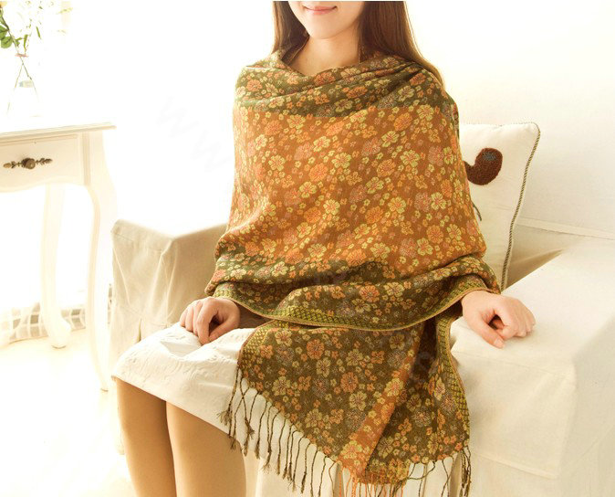 Classic Autumn and Winter Cape Tassels Floral Print Shawl National Style Warm Long Scarf - Yellow