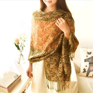 Classic Autumn and Winter Cape Tassels Floral Print Shawl National Style Warm Long Scarf - Yellow