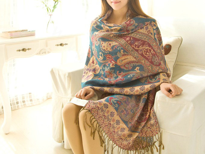 Classic Autumn and Winter Cape Tassels Flower Print Shawl National Style Warm Long Scarf - Blue