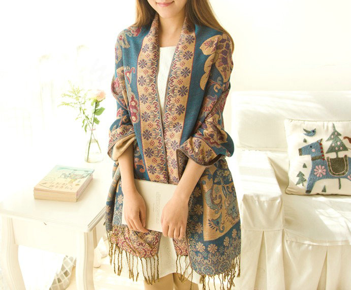 Classic Autumn and Winter Cape Tassels Flower Print Shawl National Style Warm Long Scarf - Blue