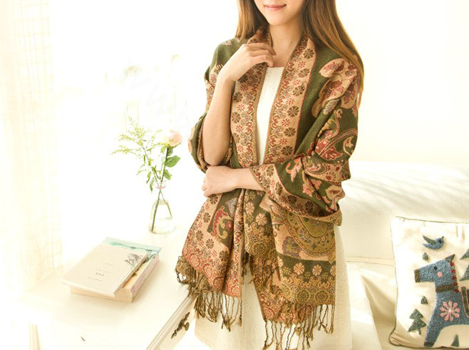 Classic Autumn and Winter Cape Tassels Flower Print Shawl National Style Warm Long Scarf - Green