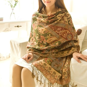 Classic Autumn and Winter Cape Tassels Flower Print Shawl National Style Warm Long Scarf - Green