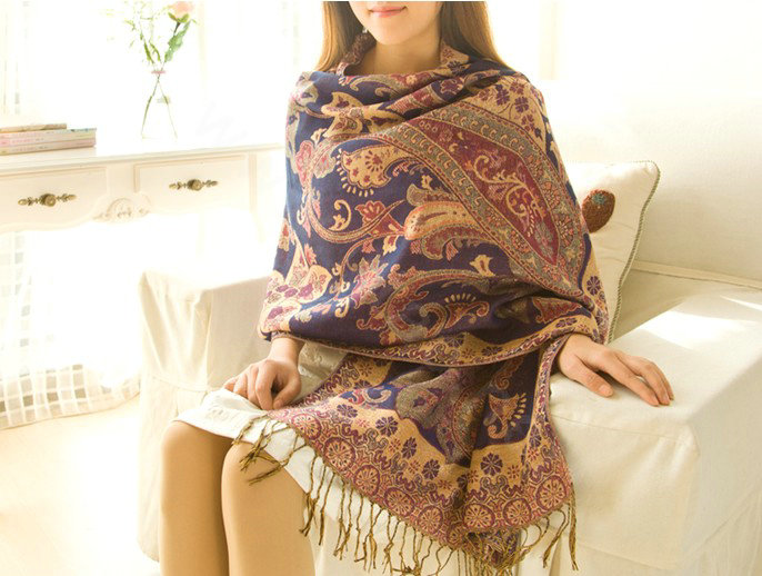 Classic Autumn and Winter Cape Tassels Flower Print Shawl National Style Warm Long Scarf - Purple