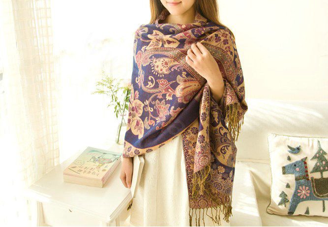 Classic Autumn and Winter Cape Tassels Flower Print Shawl National Style Warm Long Scarf - Purple