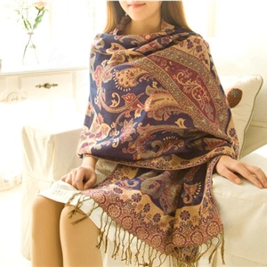 Classic Autumn and Winter Cape Tassels Flower Print Shawl National Style Warm Long Scarf - Purple