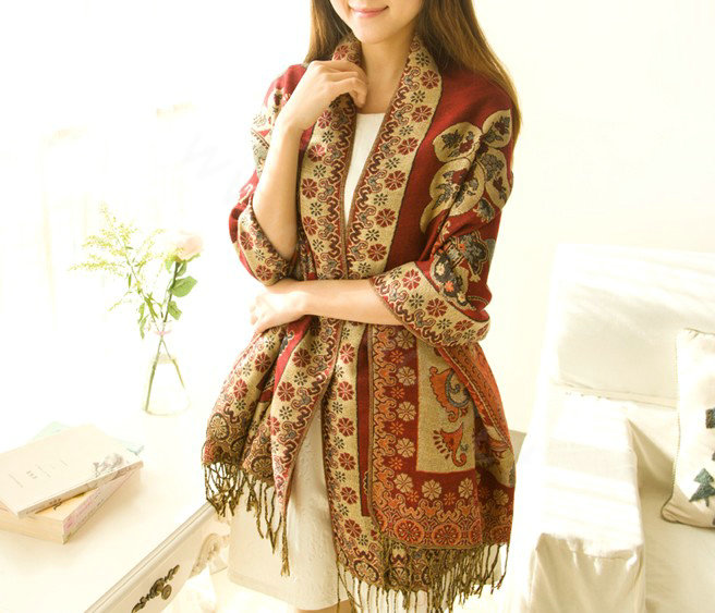 Classic Autumn and Winter Cape Tassels Flower Print Shawl National Style Warm Long Scarf - Red