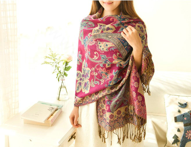 Classic Autumn and Winter Cape Tassels Flower Print Shawl National Style Warm Long Scarf - Rose