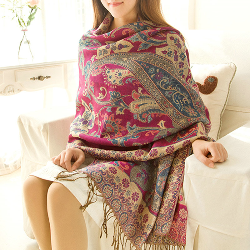 Classic Autumn and Winter Cape Tassels Flower Print Shawl National Style Warm Long Scarf - Rose