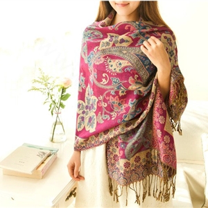 Classic Autumn and Winter Cape Tassels Flower Print Shawl National Style Warm Long Scarf - Rose
