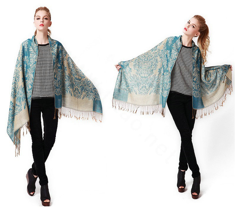 Classic Extra large Jacquard Tassels Cape Floral Print Shawl National Style Warm Long Scarf - Blue