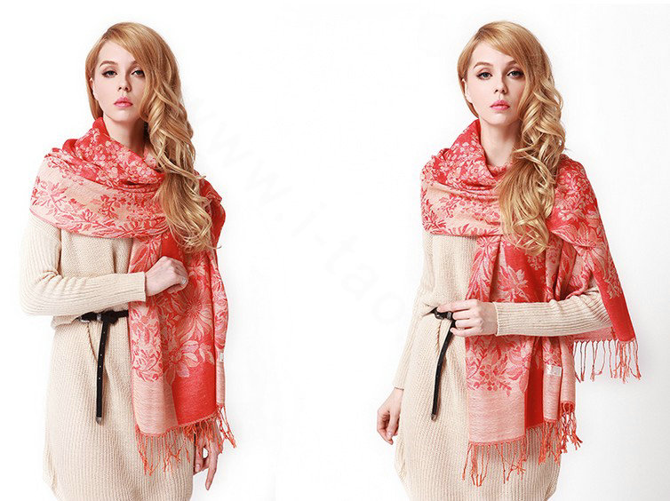 Classic Extra large Jacquard Tassels Cape Floral Print Shawl National Style Warm Long Scarf - Orange