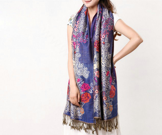 Hot sell Autumn and Winter Cape Tassels Flower Print Shawl National Style Warm Long Scarf - Blue