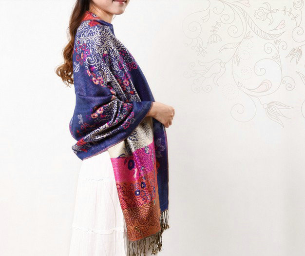 Hot sell Autumn and Winter Cape Tassels Flower Print Shawl National Style Warm Long Scarf - Blue