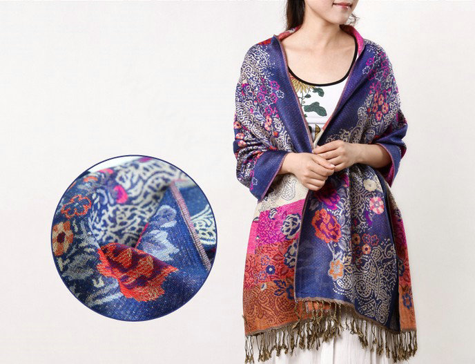 Hot sell Autumn and Winter Cape Tassels Flower Print Shawl National Style Warm Long Scarf - Blue