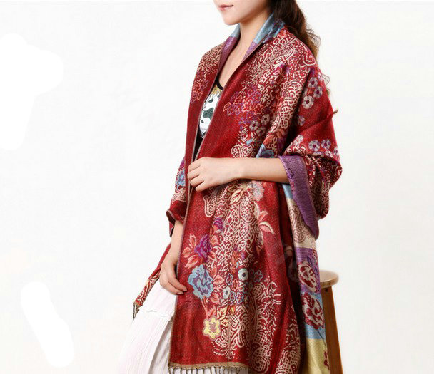 Hot sell Autumn and Winter Cape Tassels Flower Print Shawl National Style Warm Long Scarf - Burgundy
