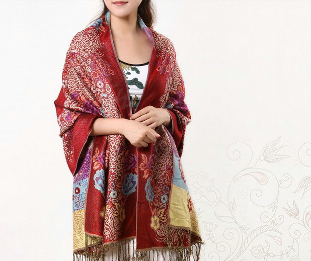 Hot sell Autumn and Winter Cape Tassels Flower Print Shawl National Style Warm Long Scarf - Burgundy