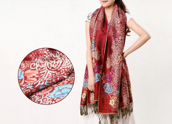 Hot sell Autumn and Winter Cape Tassels Flower Print Shawl National Style Warm Long Scarf - Burgundy