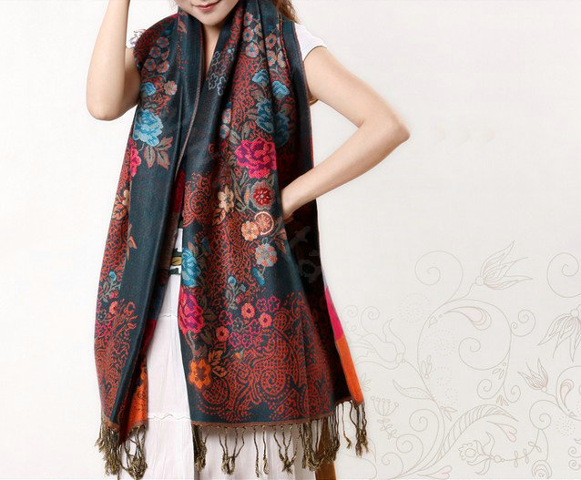 Hot sell Autumn and Winter Cape Tassels Flower Print Shawl National Style Warm Long Scarf - Dark green
