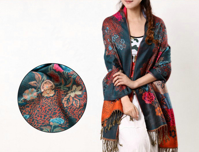 Hot sell Autumn and Winter Cape Tassels Flower Print Shawl National Style Warm Long Scarf - Dark green