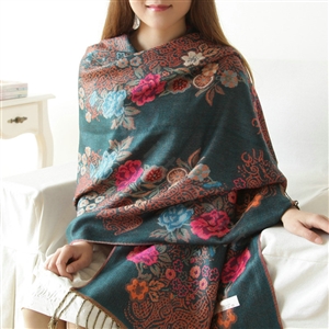 Hot sell Autumn and Winter Cape Tassels Flower Print Shawl National Style Warm Long Scarf - Dark green