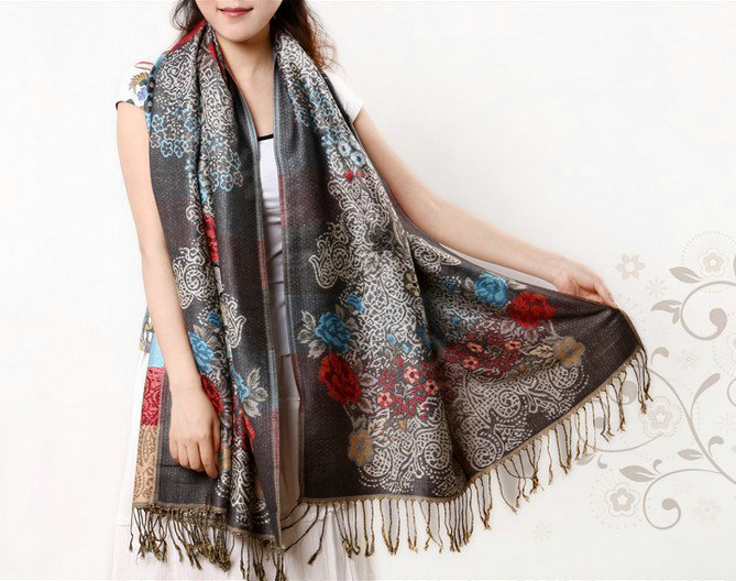 Hot sell Autumn and Winter Cape Tassels Flower Print Shawl National Style Warm Long Scarf - Gray