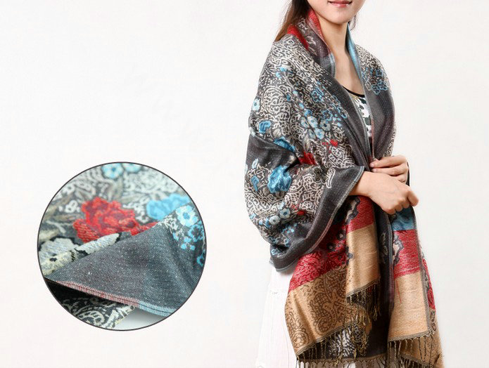 Hot sell Autumn and Winter Cape Tassels Flower Print Shawl National Style Warm Long Scarf - Gray