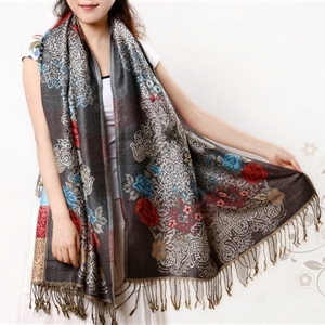 Hot sell Autumn and Winter Cape Tassels Flower Print Shawl National Style Warm Long Scarf - Gray