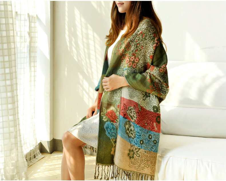 Hot sell Autumn and Winter Cape Tassels Flower Print Shawl National Style Warm Long Scarf - Green