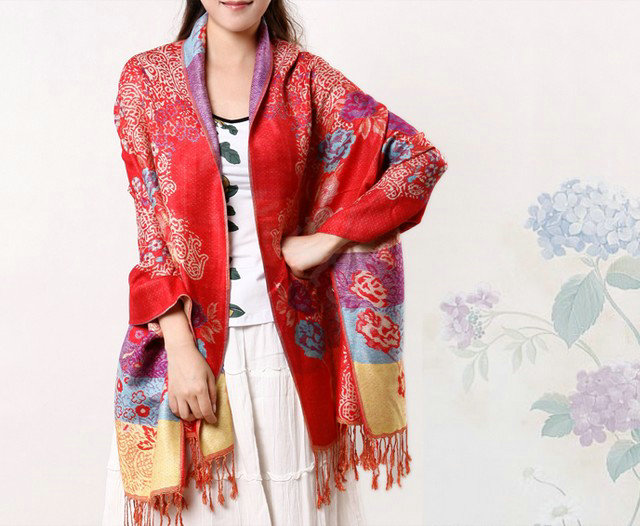 Hot sell Autumn and Winter Cape Tassels Flower Print Shawl National Style Warm Long Scarf - Red