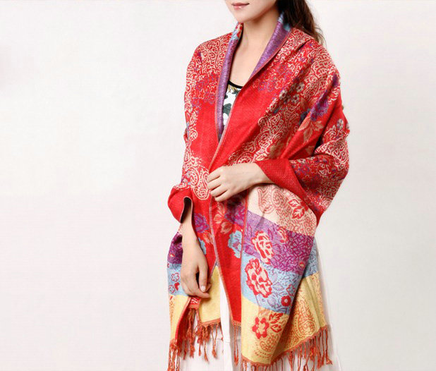 Hot sell Autumn and Winter Cape Tassels Flower Print Shawl National Style Warm Long Scarf - Red