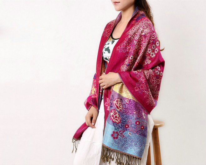 Hot sell Autumn and Winter Cape Tassels Flower Print Shawl National Style Warm Long Scarf - Rose