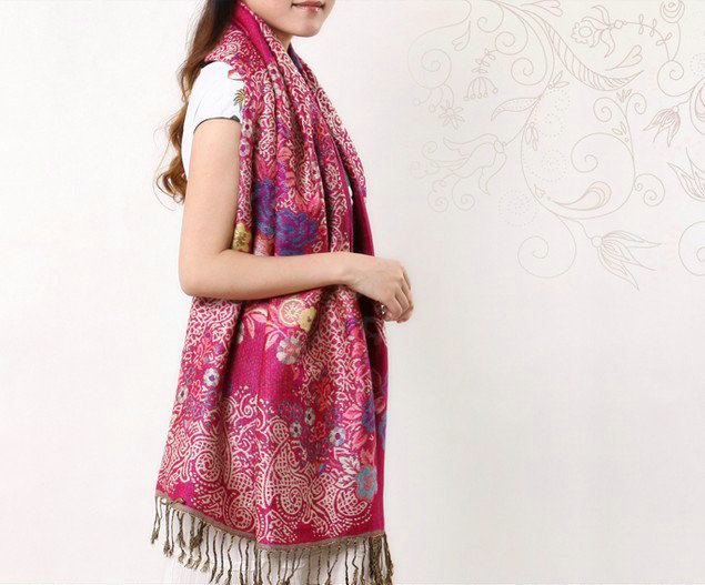 Hot sell Autumn and Winter Cape Tassels Flower Print Shawl National Style Warm Long Scarf - Rose