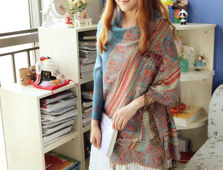 New Extra large Jacquard Tassels Cape Floral Print Stripes Shawl National Style Warm Long Scarf - Blue