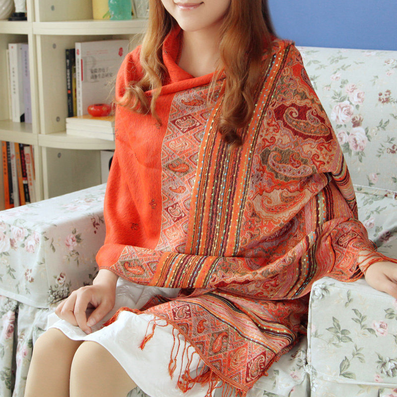 New Extra large Jacquard Tassels Cape Floral Print Stripes Shawl National Style Warm Long Scarf - Orange