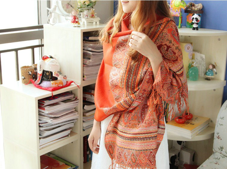 New Extra large Jacquard Tassels Cape Floral Print Stripes Shawl National Style Warm Long Scarf - Orange