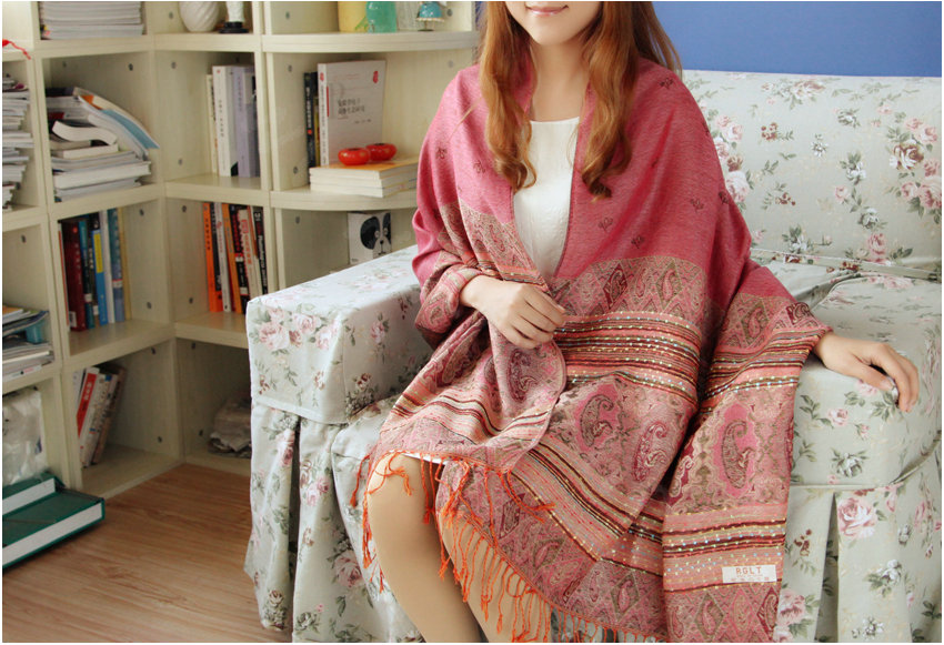 New Extra large Jacquard Tassels Cape Floral Print Stripes Shawl National Style Warm Long Scarf - Pink
