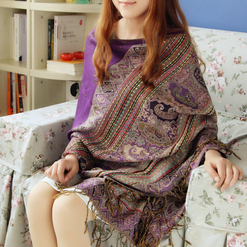 New Extra large Jacquard Tassels Cape Floral Print Stripes Shawl National Style Warm Long Scarf - Purple