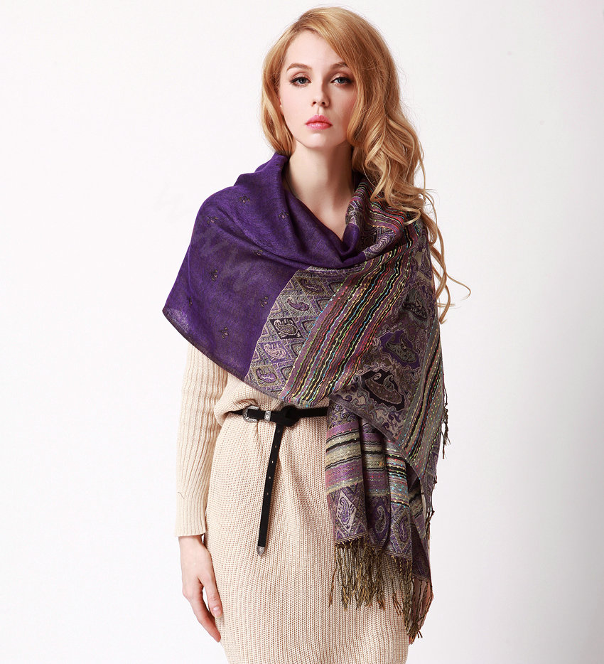 New Extra large Jacquard Tassels Cape Floral Print Stripes Shawl National Style Warm Long Scarf - Purple
