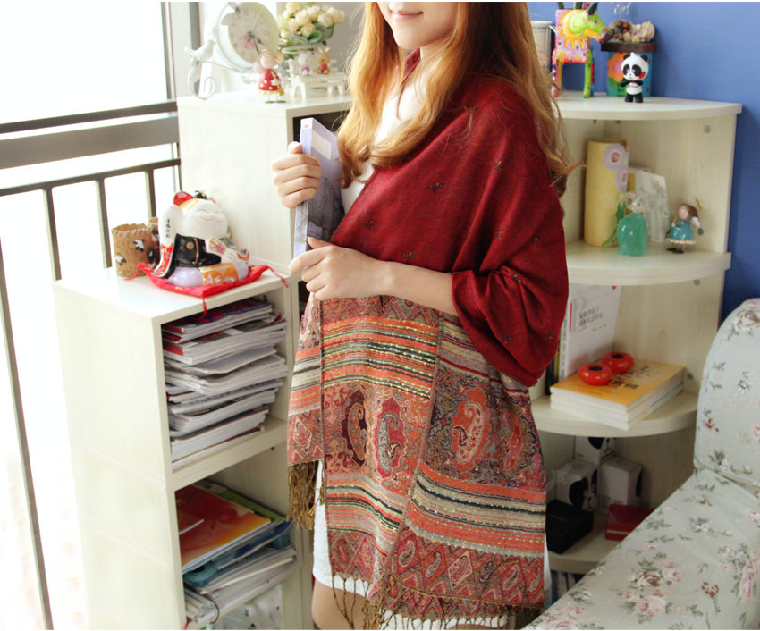 New Extra large Jacquard Tassels Cape Floral Print Stripes Shawl National Style Warm Long Scarf - Red