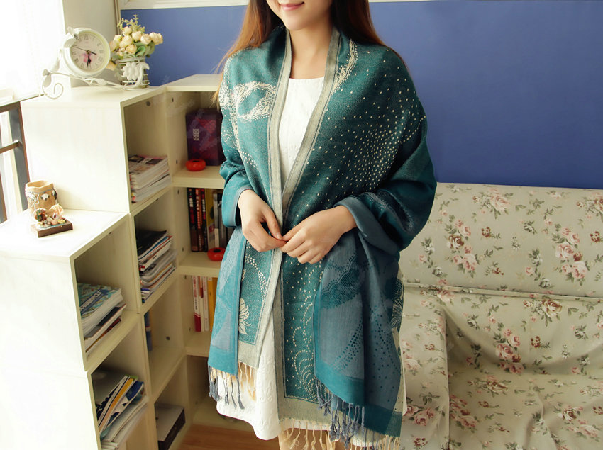 Pretty Autumn and Winter Cape Tassels Floral Print Shawl National Style Warm Long Scarf - Blue