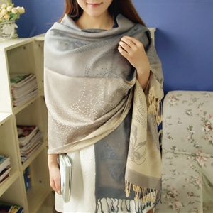 Pretty Autumn and Winter Cape Tassels Floral Print Shawl National Style Warm Long Scarf - Gray
